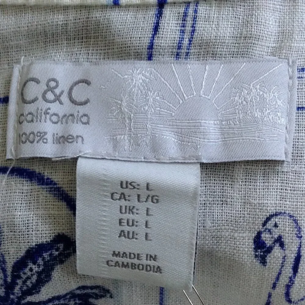 NWT C&C California "L" Linen Beachy Blue and White Blouse; Carefree, Hawaiian - Picture 3 of 6